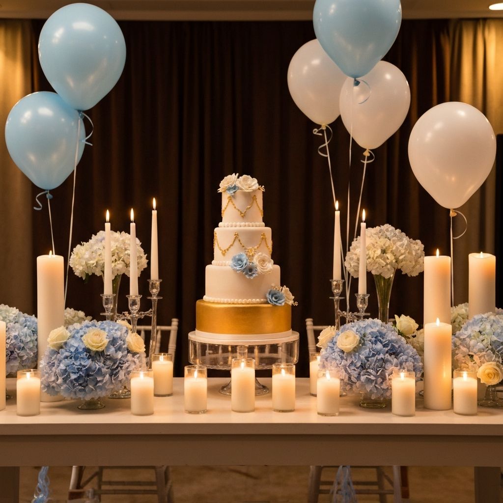 Decoración elegante de cumpleaños con globos y pastel